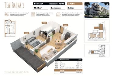 Rzut - Mieszkanie na sprzedaż 2 pokoje o powierzchni 45,64 m² - numer A 2.03 w Teatralna 3 - etap II