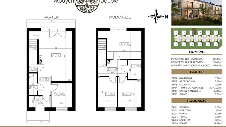 Rzut - Dom na sprzedaż 4 pokoje o powierzchni 90 m² - numer 9B w Osiedle Młodych Dębów