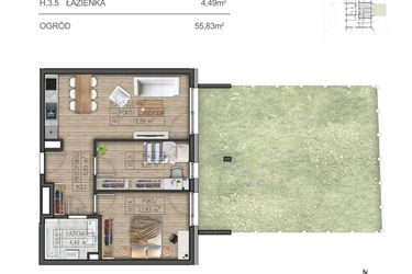 Rzut - Mieszkanie na sprzedaż 3 pokoje o powierzchni 53,64 m² - numer H3 w Osiedle Parkowe