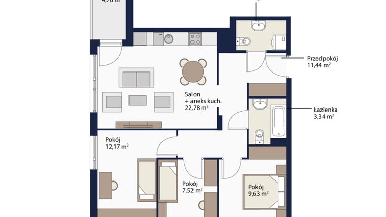 Rzut - Mieszkanie na sprzedaż 4 pokoje o powierzchni 69,93 m² - numer B3.55 w Osiedle Diamentowe