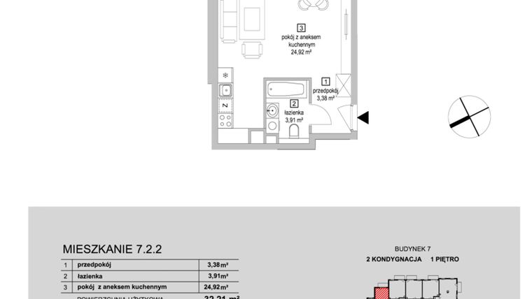 Rzut - Mieszkanie na sprzedaż 1 pokój o powierzchni 32,21 m² - numer 7.2.2 w Osiedle Przyjemne IV