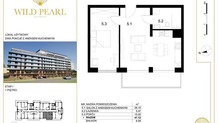 Rzut - Mieszkanie na sprzedaż 2 pokoje o powierzchni 47,12 m² - numer 1.5 w Wild Pearl