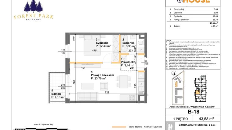 Rzut - Mieszkanie na sprzedaż 2 pokoje o powierzchni 43,58 m² - numer B.18 w Forest Park Kajetany