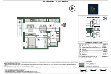 Rzut - Mieszkanie na sprzedaż 2 pokoje o powierzchni 36,35 m² - numer 21 w Osiedle przy Sportowej etap III
