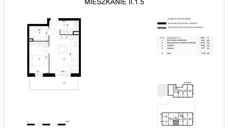 Rzut - Mieszkanie na sprzedaż 2 pokoje o powierzchni 40,93 m² - numer II.1.5 w Pryncypalna 66
