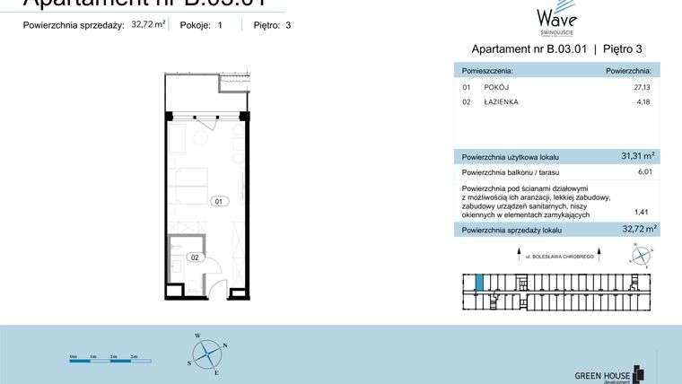 Rzut - Mieszkanie na sprzedaż 1 pokój o powierzchni 32,72 m² - numer B.03.01 w Wave Świnoujście Thermal & Spa