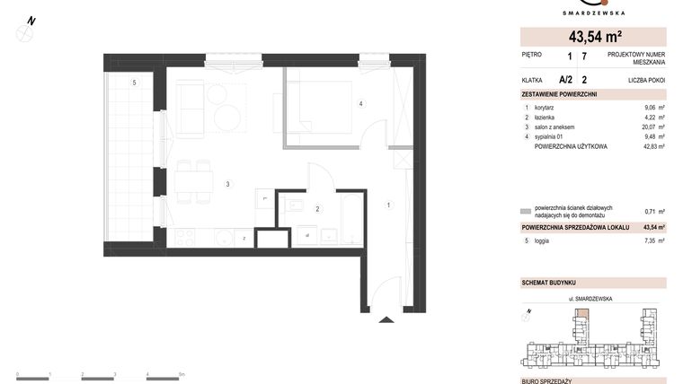 Rzut - Mieszkanie na sprzedaż 2 pokoje o powierzchni 43,54 m² - numer A/2/1.7 w Smardzewska 8