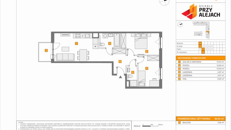 Rzut - Mieszkanie na sprzedaż 3 pokoje o powierzchni 60,63 m² - numer B12 w Osiedle Przy Alejach etap 2