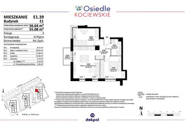 Rzut - Mieszkanie na sprzedaż 3 pokoje o powierzchni 55,08 m² - numer E1.39 w Osiedle Kociewskie bud. E