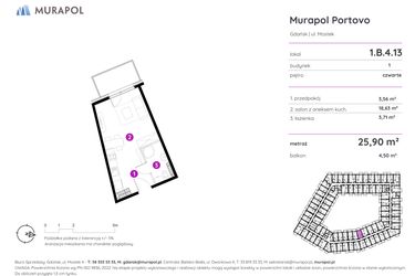 Rzut - Mieszkanie na sprzedaż 1 pokój o powierzchni 25,9 m² - numer 1.B.4.13 w Murapol Portovo etap II