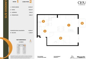 Rzut - Mieszkanie na sprzedaż 2 pokoje o powierzchni 52,45 m² - numer 15 w CLOU LINDEGO