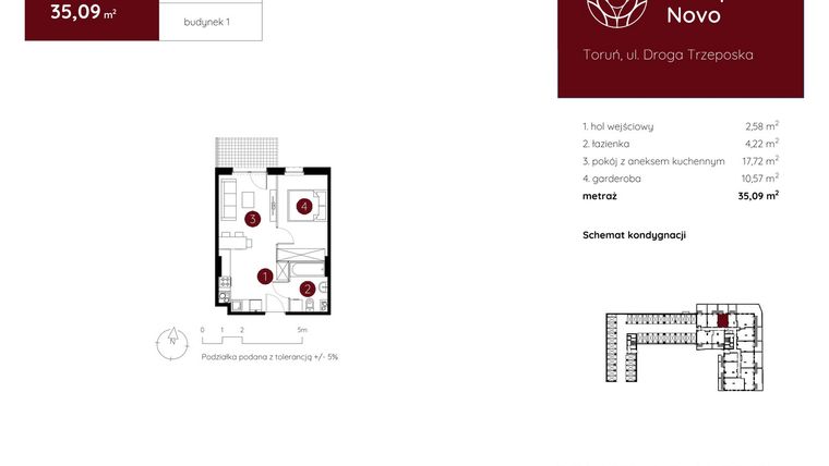 Rzut - Mieszkanie na sprzedaż 1 pokój o powierzchni 35,09 m² - numer 1.A.0.05 w Murapol Novo