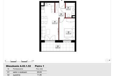 Rzut - Mieszkanie na sprzedaż 2 pokoje o powierzchni 41,65 m² - numer A02.1.52 w Skwer Witosa