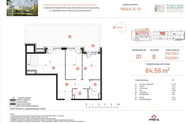 Rzut - Mieszkanie na sprzedaż 3 pokoje o powierzchni 64,56 m² - numer 12.1 w Osiedle Nowe Horyzonty etap III