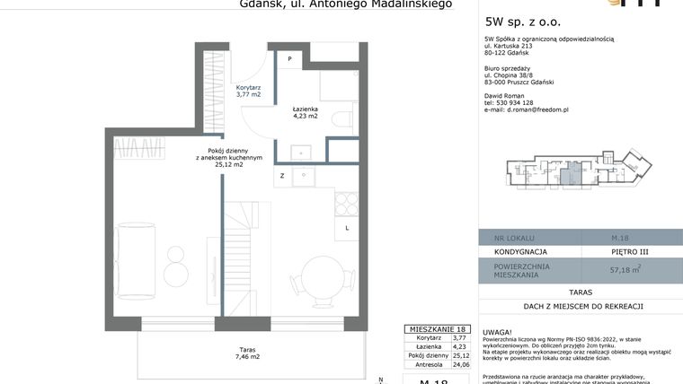 Rzut - Mieszkanie na sprzedaż 3 pokoje o powierzchni 57,18 m² - numer M18 w Madalińskiego