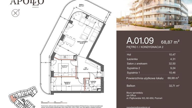 Rzut - Mieszkanie na sprzedaż 3 pokoje o powierzchni 66,98 m² - numer A.1.09 w Apollo Residence