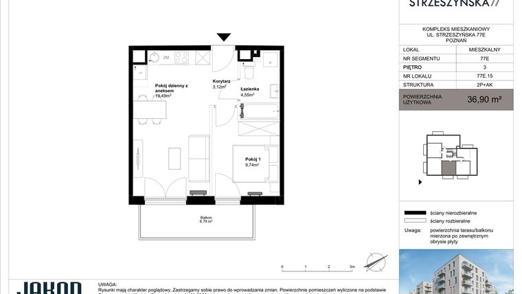 Rzut - Mieszkanie na sprzedaż 2 pokoje o powierzchni 36,9 m² - numer 77E.15 w Strzeszyńska 77