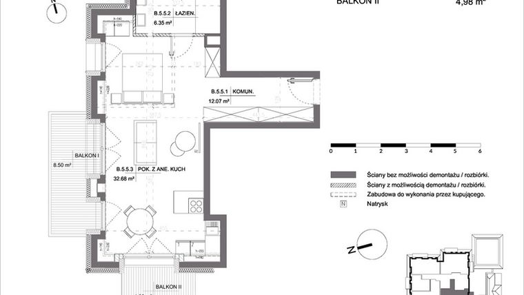 Rzut - Mieszkanie na sprzedaż 1 pokój o powierzchni 51,1 m² - numer B.5.5 w Polanka 21