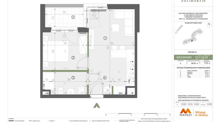 Rzut - Mieszkanie na sprzedaż 2 pokoje o powierzchni 38,82 m² - numer F2.C.03.04 w Sady Żoliborz II