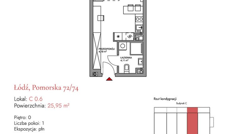 Rzut - Mieszkanie na sprzedaż 1 pokój o powierzchni 26,55 m² - numer C 0.6 w Melody Loft