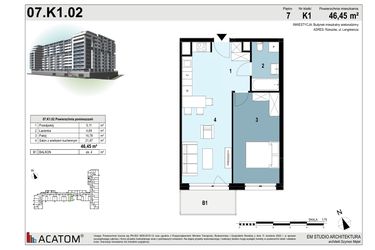 Rzut - Mieszkanie na sprzedaż 2 pokoje o powierzchni 46,45 m² - numer 07.K1.02 w Langiewicza 37