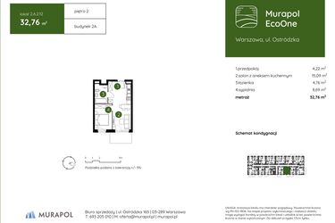 Rzut - Mieszkanie na sprzedaż 2 pokoje o powierzchni 32,76 m² - numer 2.A.2.12 w Murapol EcoOne