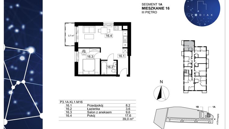 Rzut - Mieszkanie na sprzedaż 2 pokoje o powierzchni 39,87 m² - numer 39/16 w Zodiak