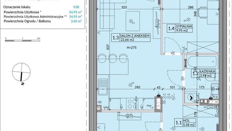 Rzut - Mieszkanie na sprzedaż 3 pokoje o powierzchni 54,95 m² - numer 93B w Osiedle Młodych etap VI