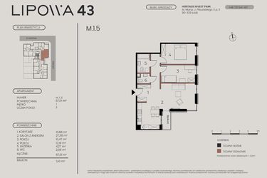 Rzut - Mieszkanie na sprzedaż 3 pokoje o powierzchni 67,01 m² - numer M.1.5 w Lipowa 43
