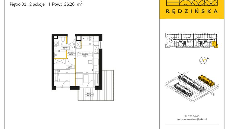 Rzut - Mieszkanie na sprzedaż 2 pokoje o powierzchni 36,26 m² - numer RD4A/B/16 w Rędzińska 4