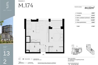 Rzut - Mieszkanie na sprzedaż 2 pokoje o powierzchni 44,02 m² - numer M174 w Sky Trust etap II