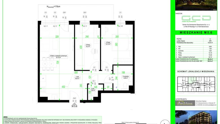 Rzut - Mieszkanie na sprzedaż 3 pokoje o powierzchni 58,44 m² - numer 5.6. w City Park Apartments