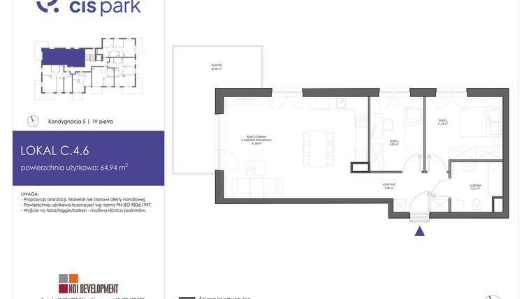 Rzut - Mieszkanie na sprzedaż 3 pokoje o powierzchni 64,94 m² - numer C.4.6 w CIS Park