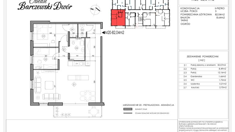 Rzut - Mieszkanie na sprzedaż 3 pokoje o powierzchni 82,04 m² - numer 20 w Osiedle Barczewski Dwór etap II
