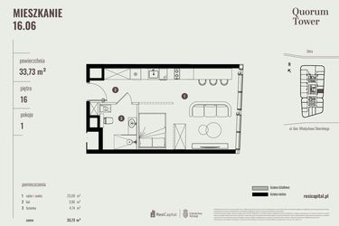 Rzut - Mieszkanie na sprzedaż 1 pokój o powierzchni 33,73 m² - numer 16.06 w Quorum Tower