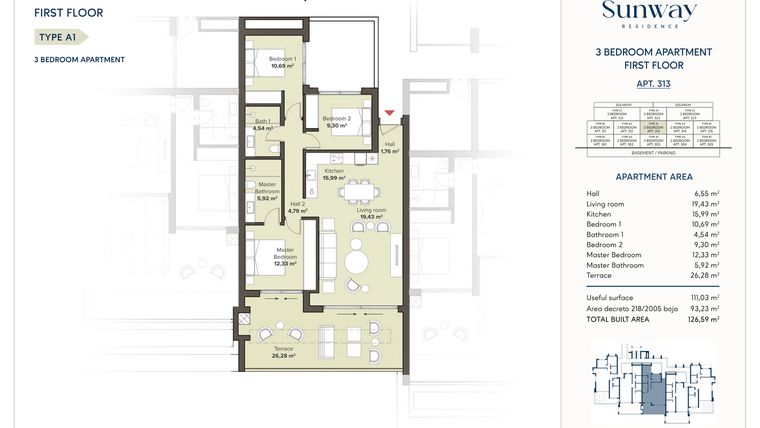 Rzut - Mieszkanie na sprzedaż 3 pokoje o powierzchni 111,03 m² - numer 313 w Sunway