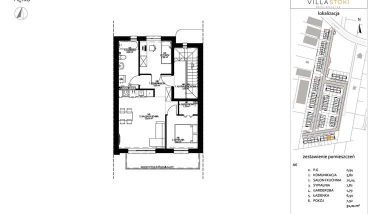 Rzut - Mieszkanie na sprzedaż 3 pokoje o powierzchni 51,21 m² - numer N6 w Villa Stoki (mieszkania)