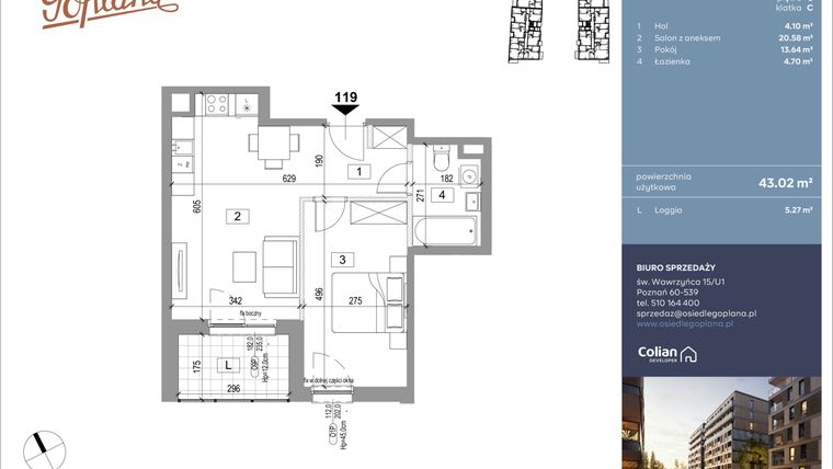 Rzut - Mieszkanie na sprzedaż 2 pokoje o powierzchni 43,31 m² - numer F119 w Goplana budynek F