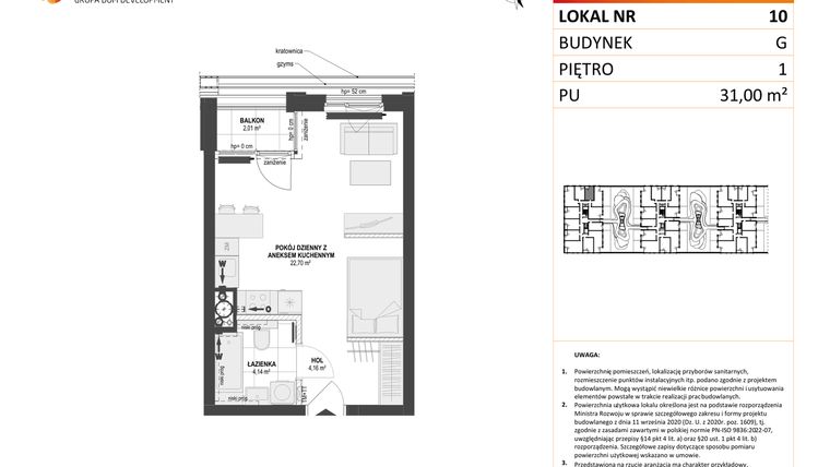 Rzut - Mieszkanie na sprzedaż 1 pokój o powierzchni 31 m² - numer G.10 w DOKI Living etap II