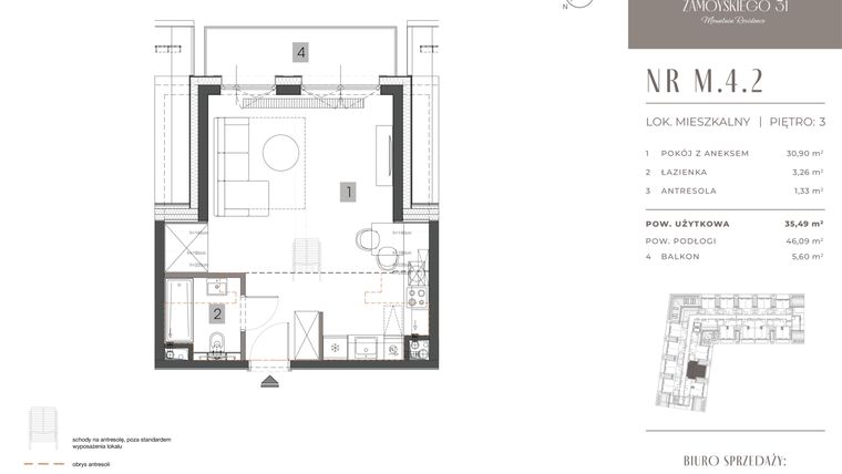 Rzut - Mieszkanie na sprzedaż 1 pokój o powierzchni 35,49 m² - numer M.4.2 w Zamoyskiego 31