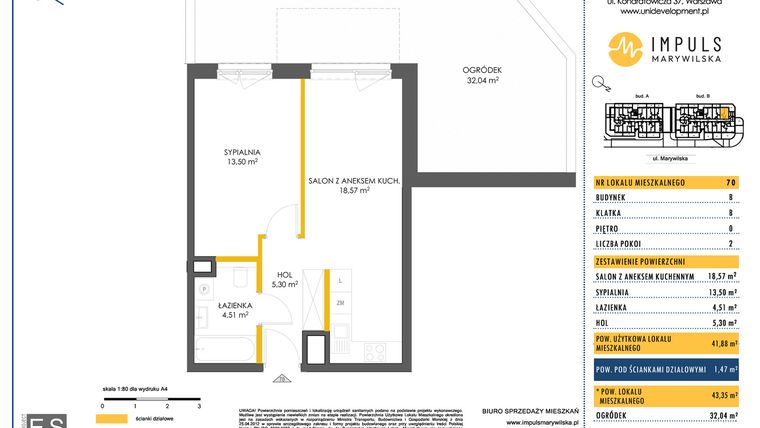 Rzut - Mieszkanie na sprzedaż 2 pokoje o powierzchni 41,88 m² - numer B/70 w Impuls Marywilska
