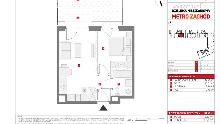 Rzut - Mieszkanie na sprzedaż 2 pokoje o powierzchni 34,99 m² - numer 13.1.A.3 w Dzielnica Mieszkaniowa Metro Zachód - etap 13