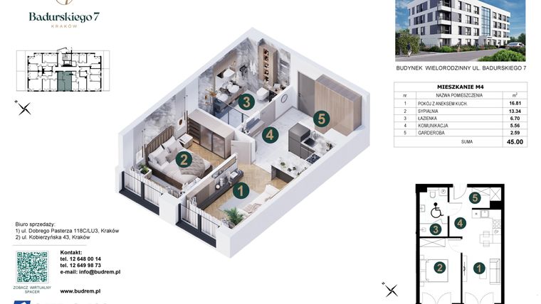 Rzut - Mieszkanie na sprzedaż 2 pokoje o powierzchni 45 m² - numer 4 w Badurskiego 7