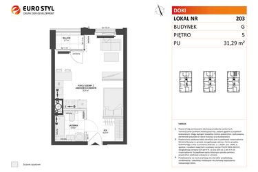 Rzut - Mieszkanie na sprzedaż 1 pokój o powierzchni 31,29 m² - numer G.203 w DOKI etap II (bud. G)