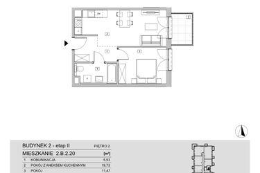 Rzut - Mieszkanie na sprzedaż 2 pokoje o powierzchni 42,51 m² - numer 2.B.2.20 w ATAL Apollina II