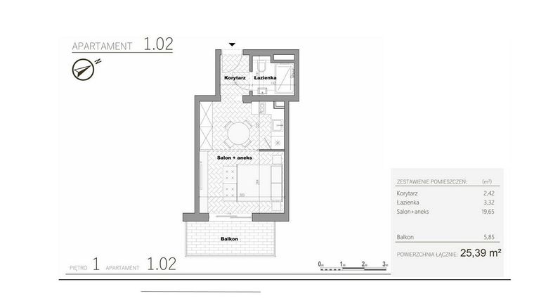 Rzut - Mieszkanie na sprzedaż 1 pokój o powierzchni 25,39 m² - numer 2.2 w Villa Książąt Pomorskich