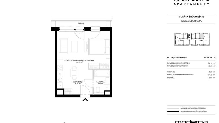 Rzut - Mieszkanie na sprzedaż 1 pokój o powierzchni 33,4 m² - numer G-65 (C) w Scala