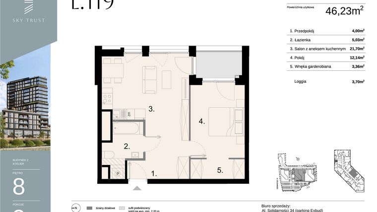 Rzut - Mieszkanie na sprzedaż 2 pokoje o powierzchni 46,23 m² - numer L119 w Sky Trust etap II - apartamenty inwestycyjne 23% VAT PRS