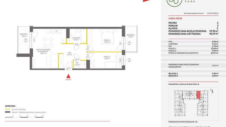 Rzut - Mieszkanie na sprzedaż 3 pokoje o powierzchni 59,9 m² - numer 68B w Olchowy Park IV
