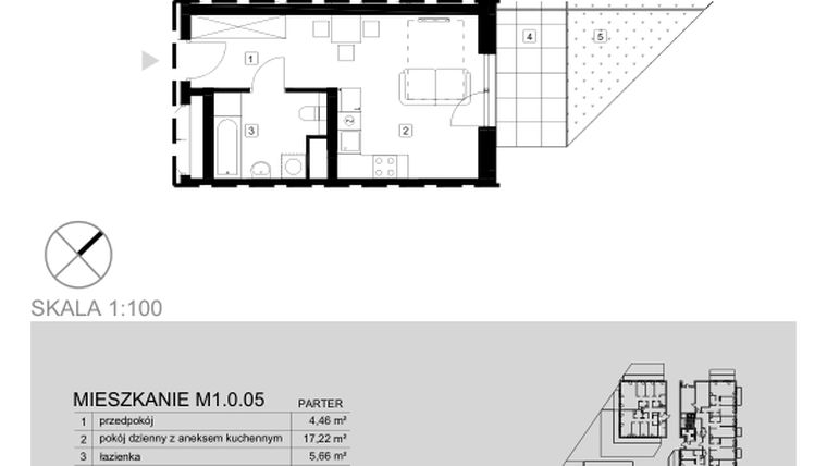 Rzut - Mieszkanie na sprzedaż 1 pokój o powierzchni 27,34 m² - numer M1.0.05 w Modern Helenów